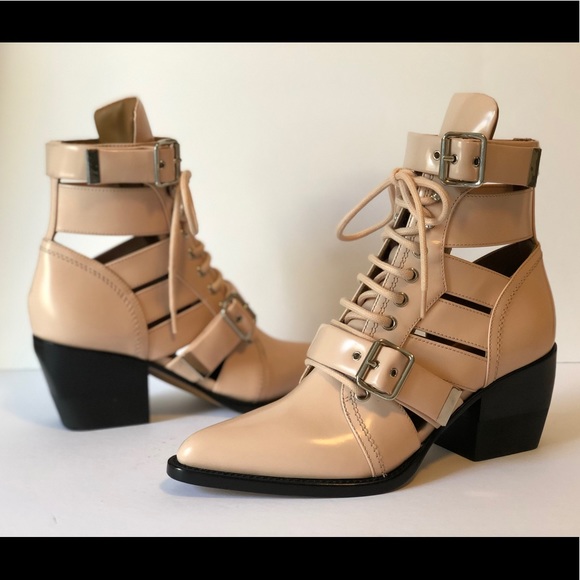 CHLOE RYLEE PINK LEATHER CUTOUT ANKLE BOOTS - Picture 2 of 13